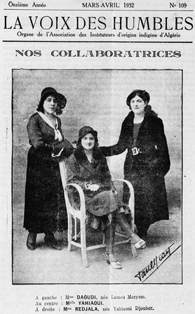 Figure 1.1. Three female contributors pose, two standing on the left and right and one seated in a chair in the center, unveiled and wearing hats.