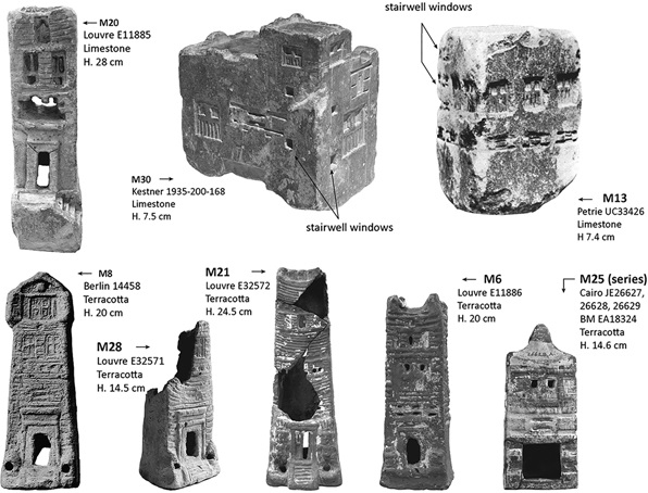 Figure 3.11. A set of panels with images of tower house models in limestone or terracotta from the Ptolemaic and early Roman Periods.