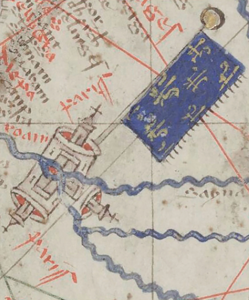 Figure 11. Detail of the Catalan Atlas. Three cylinders are set at right angles, from each of which rises a tower topped with a cross (they represent Paris). Wavy blue lines represent the Seine (labeled Sayna). From the top tower rises a flagpole topped with a gold orb; attached to the pole is a blue banner with gold fleurs-de-lys. Above and below the cylinders, in red, is written “Pariss,” the abbreviated form of Parisius.