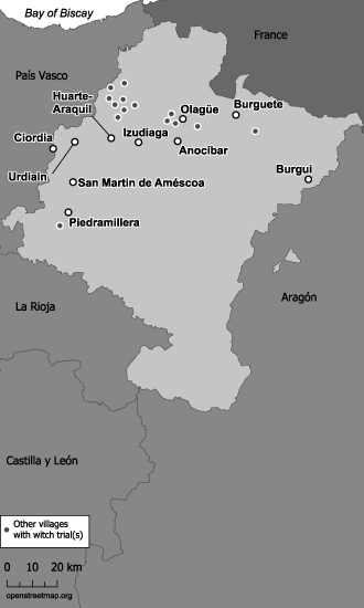 Map 4. This map points to some twenty villages that investigated witches throughout northern and central Navarra. It identifies the villages of Anocíbar, Burguete, Burgui, Ciordia, Huarte-Araquil, Izudiaga, Olagüe, Piedramillera, San Martin de Améscoa, and Urdiain.
