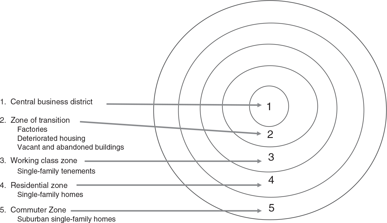 Figure 2.1: A drawing with concentric rings of development in a metropolitan area showing how households move outward from the center as their incomes rise, leaving poorer and more deteriorated neighborhoods behind.