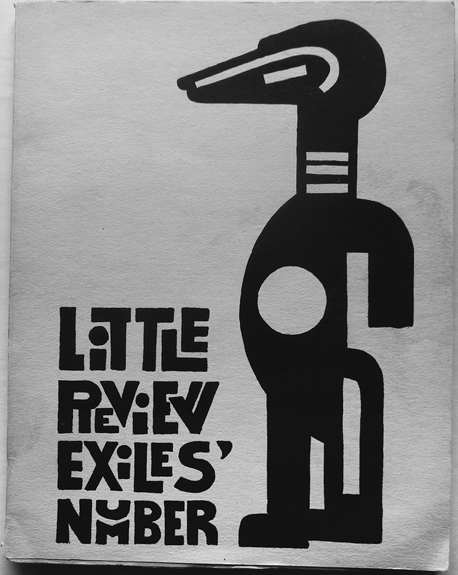 Figure 18. An abstract, Primitivist-style figure of a beaked animal, printed in black ink, occupies the right half of the cover. “Little Review Exiles’ Number” is printed in a bold, black, stylized font on the lower left quadrant.
