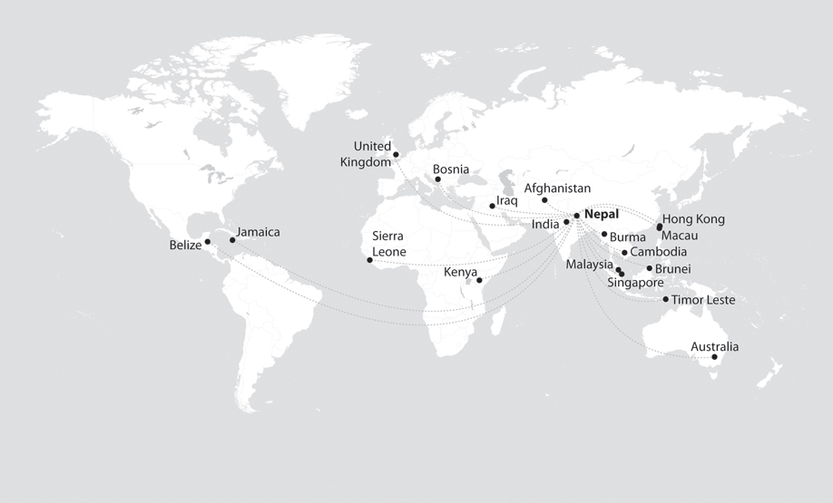 Figure 1.1. A world map showing the various countries where Gurkhas have been based.