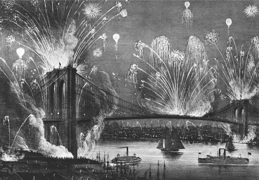 Figure 4.1. A Currier & Ives lithograph shows a rich display of fireworks over the Brooklyn Bridge in celebration of the bridge’s opening on May 24, 1883.