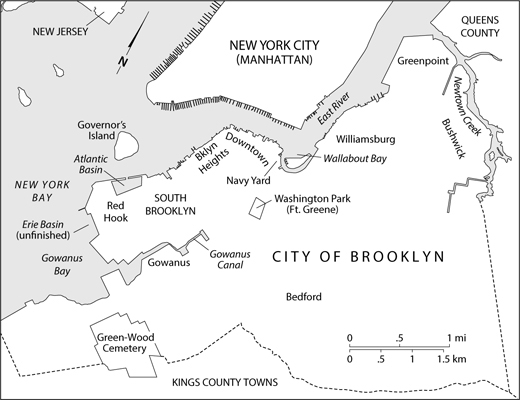 Figure 2.5. An 1856 map of the newly consolidated City of Brooklyn, indicating features including Green-Wood Cemetery, Washington Park, the Atlantic Basin, and Gowanus Canal.