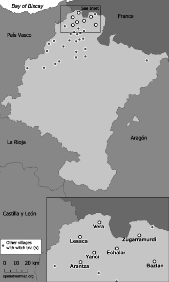 Map 5. This map points to the villages that comprised the witch panic of 1609–14. It identifies the villages of Arantza, Baztan, Echalar, Lesaca, Vera, Yanci, and Zugarramurdi.