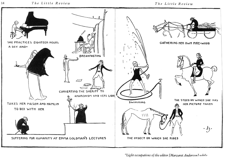 Figure 6. A two-page spread showing a series of nine captioned, vignette-style cartoons in black and white. In sequence: 1. Anderson sitting at a piano, captioned “She practices eighteen hours a day and—” 2. Anderson carrying the piano in her right arm and a candle in the other, captioned “takes her Mason and Hamlin to bed with her” 3. Anderson sitting at a table eating from a pile labeled “fudge,” captioned “breakfasting.” 4. Anderson with a pile of books and papers at her feet throws something at a man in a suit and hat. The caption reads: “converting the sheriff to anarchism and vers libre.” 5. Anderson sitting, hunched in a chair listening to another woman speaking from a podium, captioned “suffering for humanity at Emma Goldman’s lectures.” 6. Anderson in a cart drawn by a horse, captioned “gathering her own fire-wood.” 7. Anderson in a bathing suit and swim cap swinging a hose that is shooting water vertically into the air, captioned “swimming.” 8. Anderson in a tailored jacket and breeches, holding a crop and riding a horse, captioned “the steed on which she has her picture taken.” 9. Anderson in her riding outfit, standing next to an emaciated horse that she holds by the reigns, captioned “the insect on which she rides.”