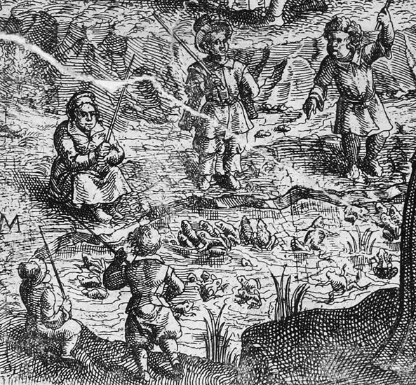 Figure 4.3. A group of five children stand by a small stream with sticks in their hands. Toads are in the water by them, guarded by the children.