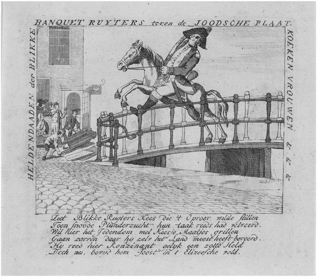 Figure 8.1. A rider in uniform with a rearing horse on a bridge. In the foreground are cobblestones; in the background are four men near a building with a signboard.