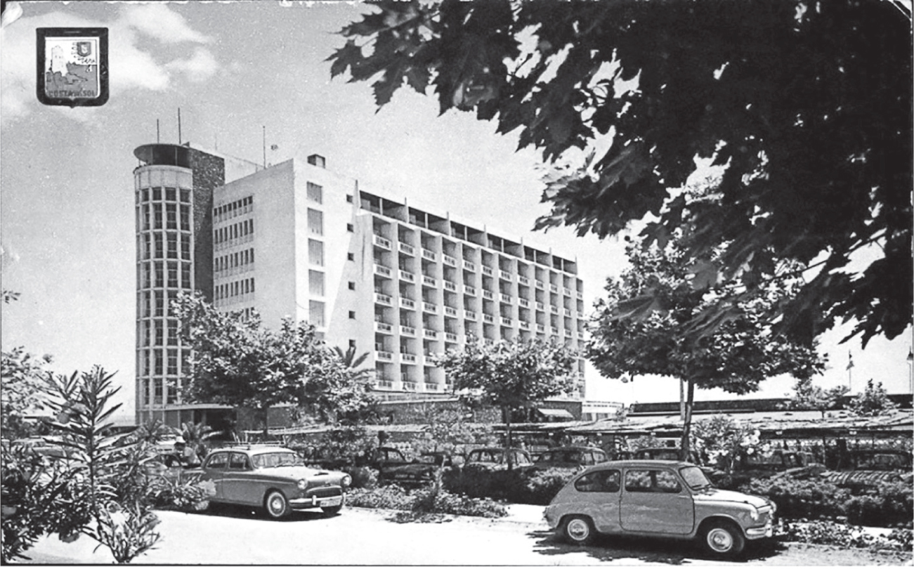 A tall white building stands in the background, with a street and parked cars in the foreground.