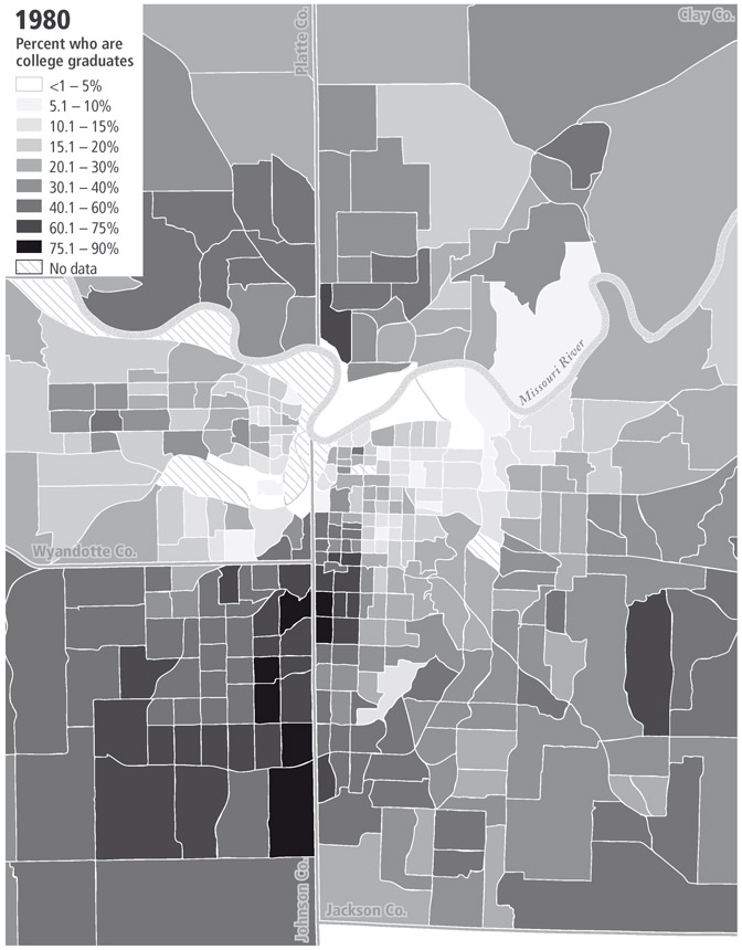 MAP 2.8 Geo-spatial distribution of adults (age twenty-five and older) with college degrees (bachelor’s or more) in 1980 (census tract data)