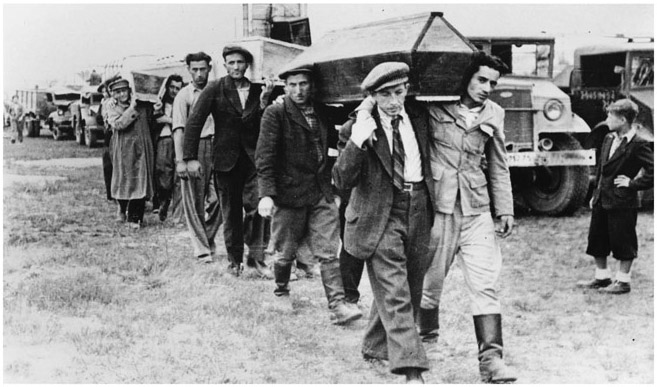 Figure 34. Several pallbearers carry coffins on their shoulders.