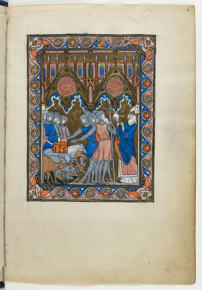 Figure 24. An illuminated manuscript page with a group of armed knights gathered before a priest and gesturing to a strongbox placed on the back of a pack animal.