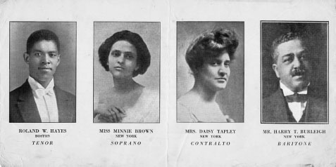 A concert program displays horizontally four photographic portraits of African American men and women in concert dress. In order of appearance: Roland Hayes, Minnie Brown, Daisy Tapley, and Harry Burleigh.