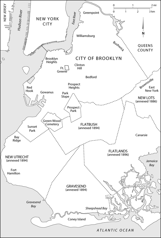 Figure 4.5. An 1884 map of Brooklyn and the surrounding Kings County towns indicates the date each of the five towns was annexed by Brooklyn.