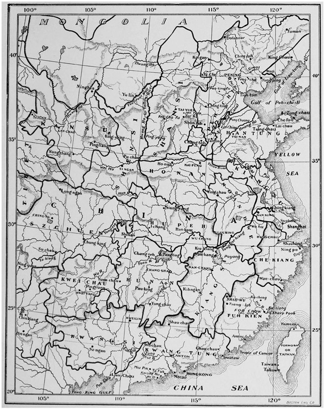 Figure 9.1. This 1898 map of China depicts the borders of regions and the locations of mission stations.