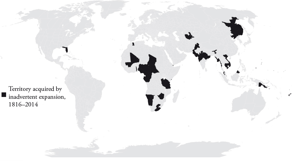 This image is a world map showing the locations of territories acquired by inadvertent expansion, which are spread across North America, Africa, and Asia.