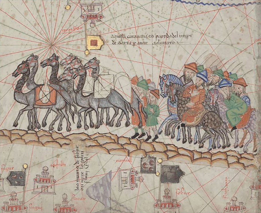 Figure 17. Detail of the Catalan Atlas showing a caravan crossing the Gobi Desert. To the left, eight gray camels walk in tight formation with packs on their backs. Behind them are men on foot; behind these men is a group of mounted men.