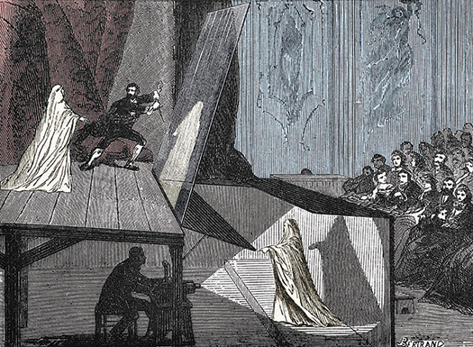 Figure 1.1. Line drawing showing a theater, with audience members watching a man holding a dagger as he leaps back frightened from a ghost draped in white. The ghost is the reflection of an actor on a pane of glass; the actor stands beneath the stage illuminated by a bright lantern.