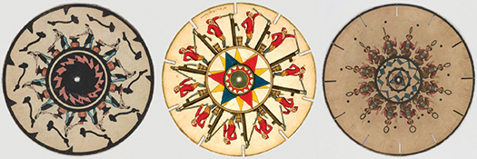 Figure 5.6. Three phenakistoscope disks depict men at work: a blacksmith, a man pumping water, and a conjurer performing a ball trick.