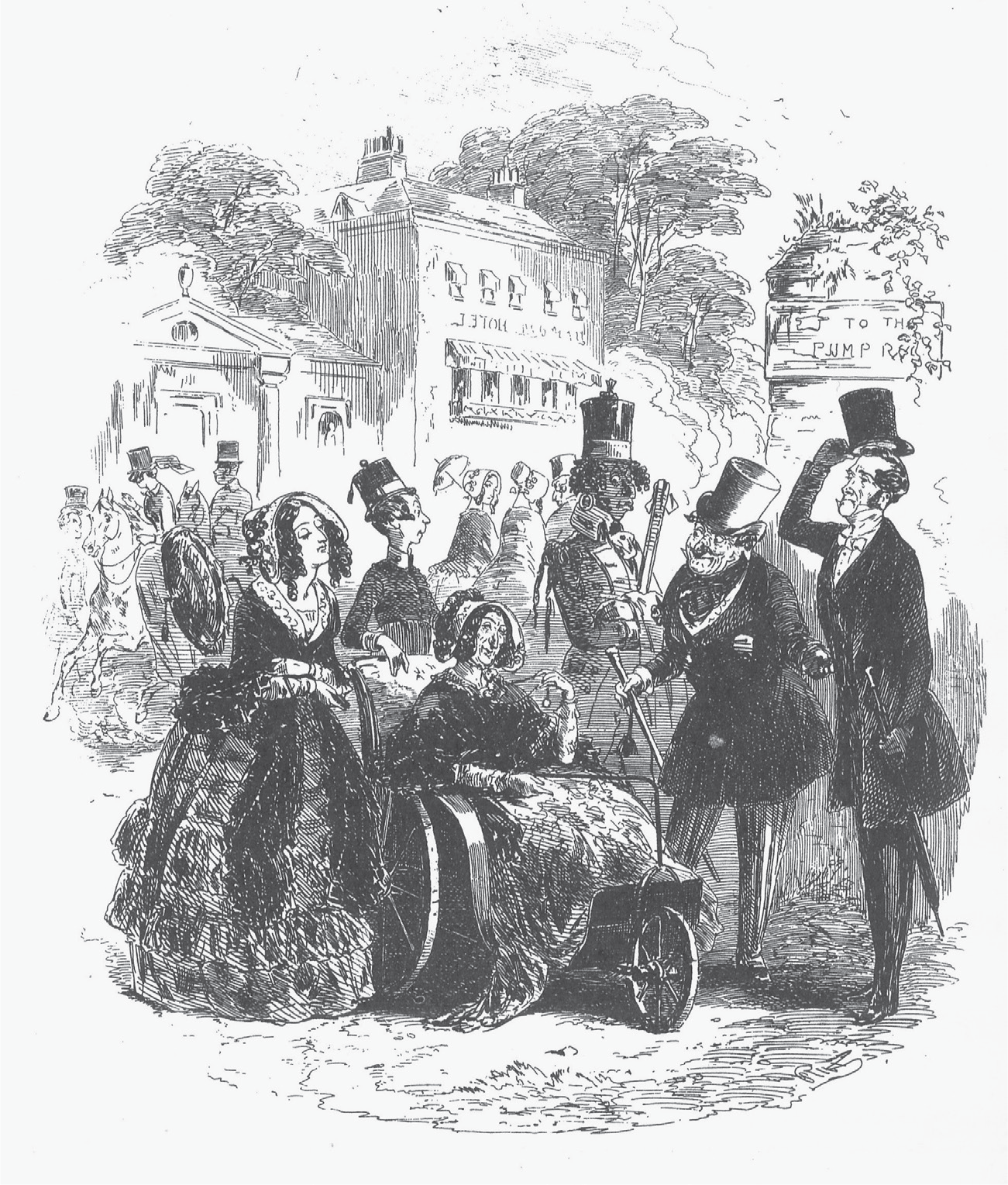 Figure 3: Mrs. Skewton appears pushed in a wheelchair while the Native stands to Bagstock’s right and Bagstock stands to Mr. Dombey’s right.
