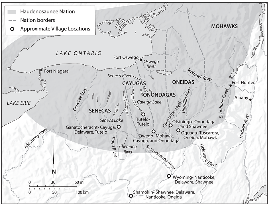 Map showing the approximate location of multinational Indigenous villages in southern Haudenosaunee homelands throughout the Susquehanna River Valley and along major water arteries between the 1730s and 1750s. Map by Bill Nelson.