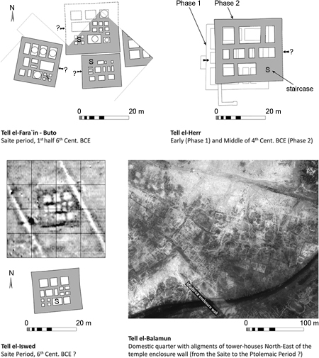Figure 3.2. A set of panels and aerial photos showing examples of tower house foundations in the Nile Delta region from the Late Period to the early Ptolemaic Period.