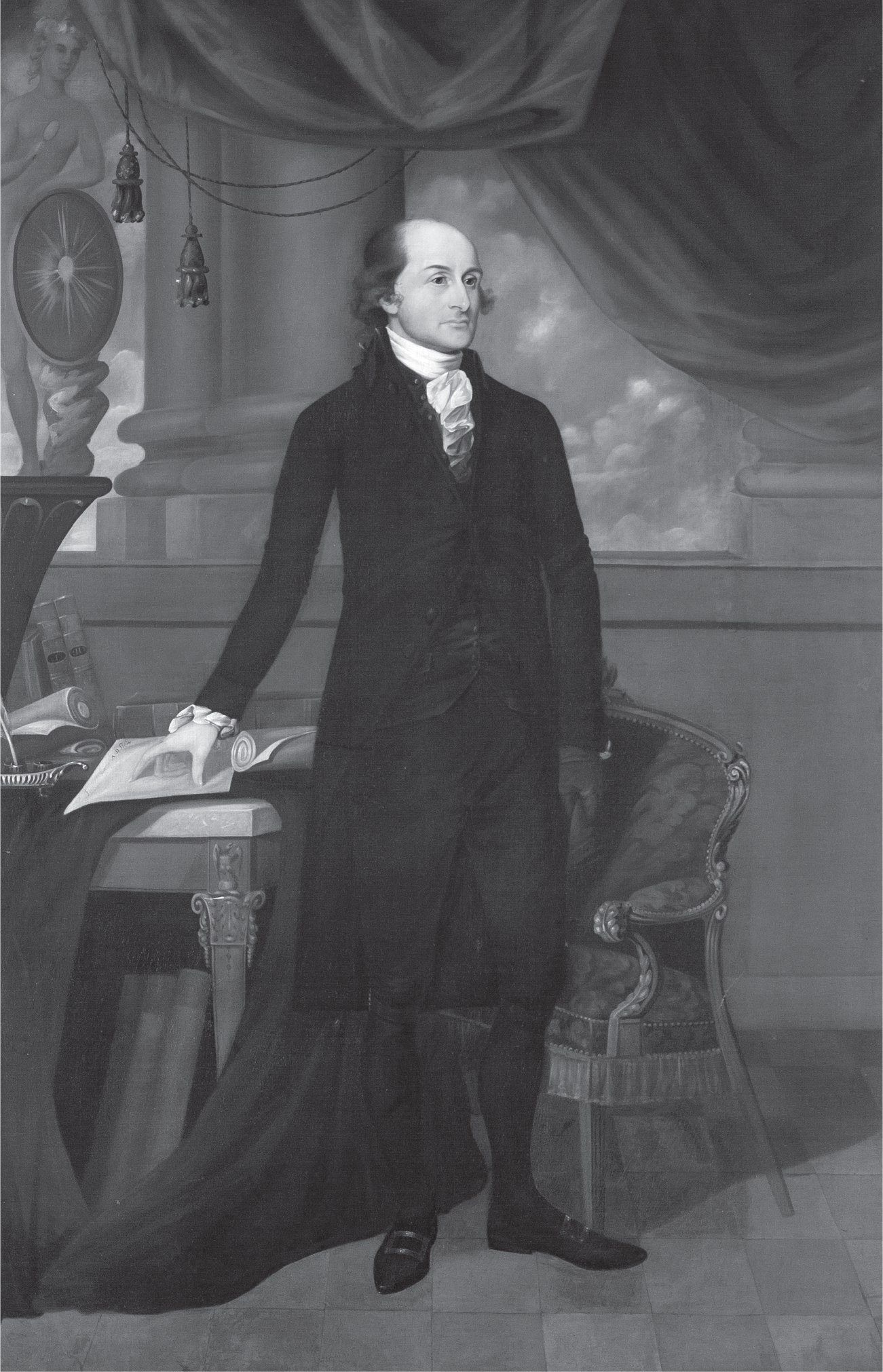 A man in a formal full-length black jacket and black knee breeches stands erect. He gazes ahead in three-quarter profile, his right hand stretching back to a desk, his hand placed on a document. Columns and a blue sky with billowing clouds in the background contribute to the stately tableau.