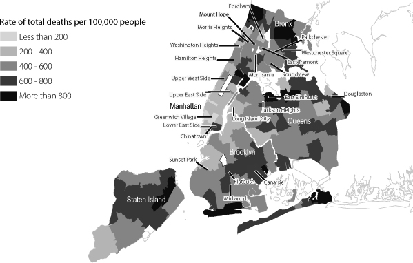 Figure 8. A map of New York City depicts death rates by zip code, with especially high rates in the Bronx, East Harlem, central Queens, southern Brooklyn, and northern Staten Island.