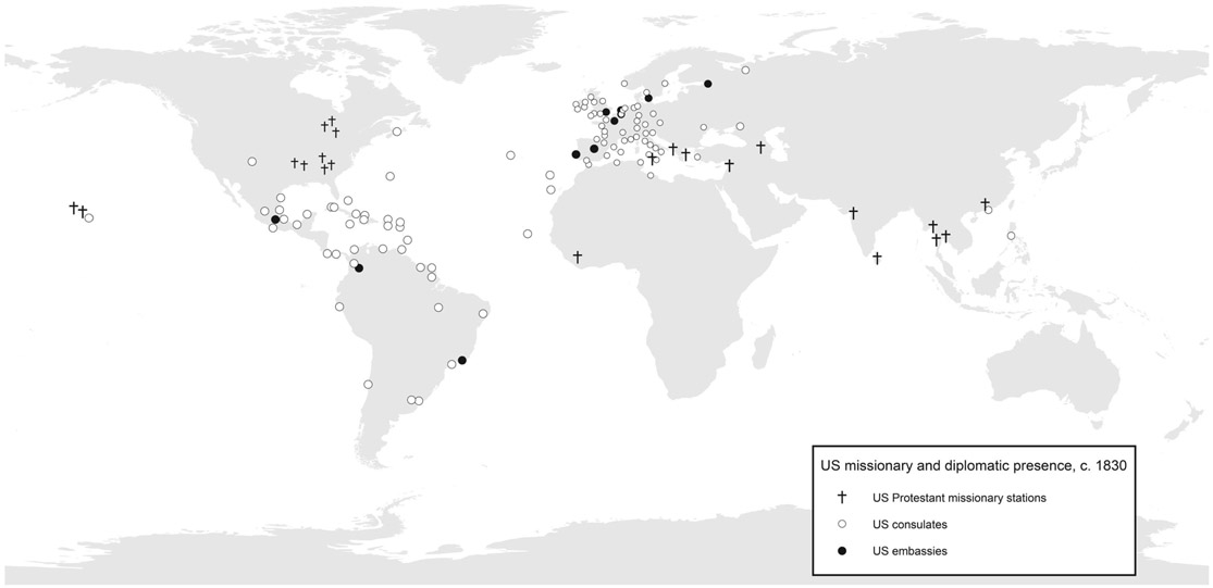 Figure I.2. A map of the world showing the locations of Protestant missions, US consulates, and US embassies, circa 1830. The map reveals more missionary and diplomatic presence, but a continued regional focus in comparison with the 1816 map.