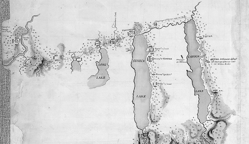 The map of western Haudenosaunee homelands shows the dispersed nature of settlement patterns as families managed the full extent of their homelands to fulfill housing and subsistence needs. The location of most villages along water arteries underscored the importance of water to survival and connections to the land.