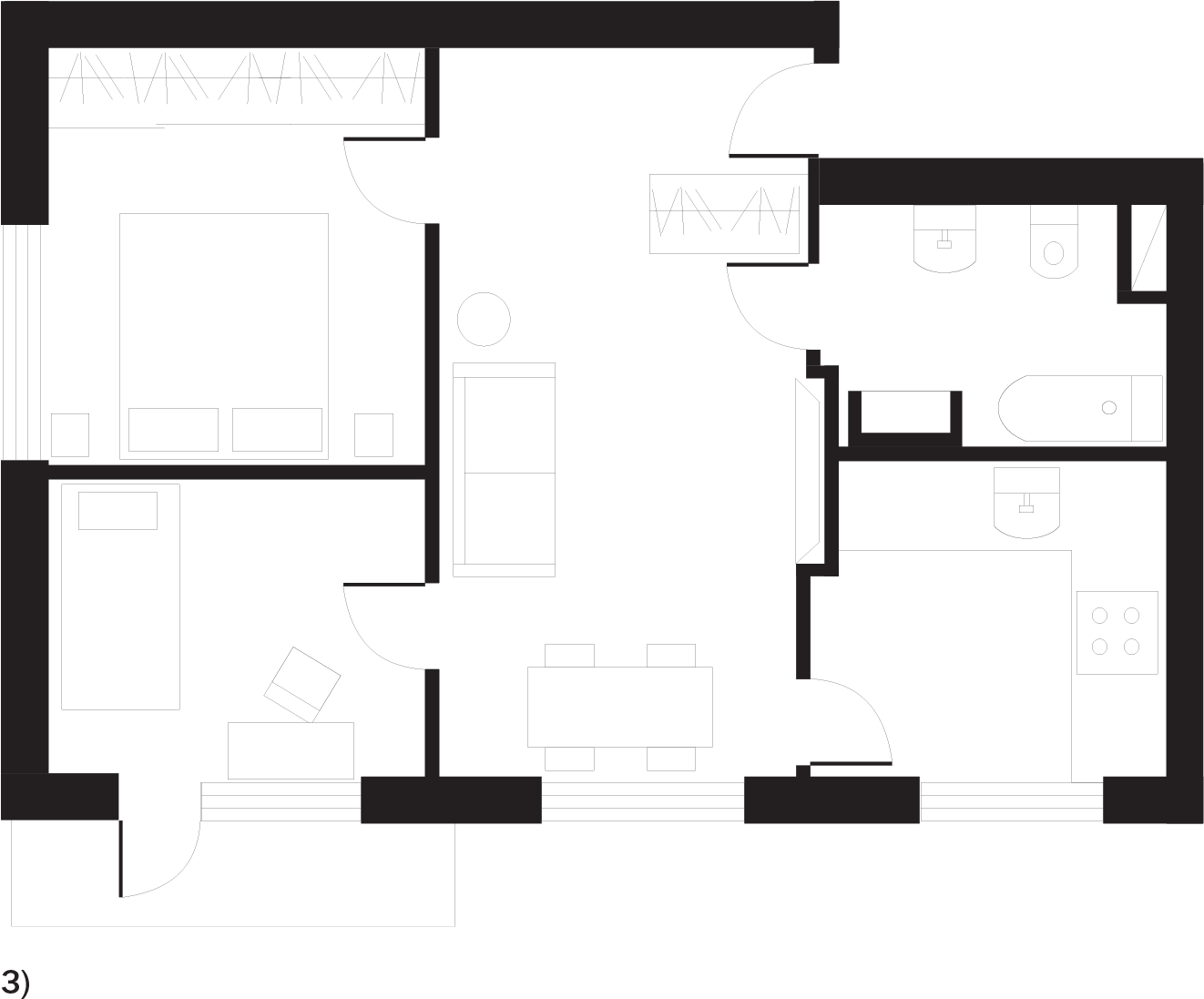 A plan of a two-room apartment before remodeling and replanning and two post-replanning options.