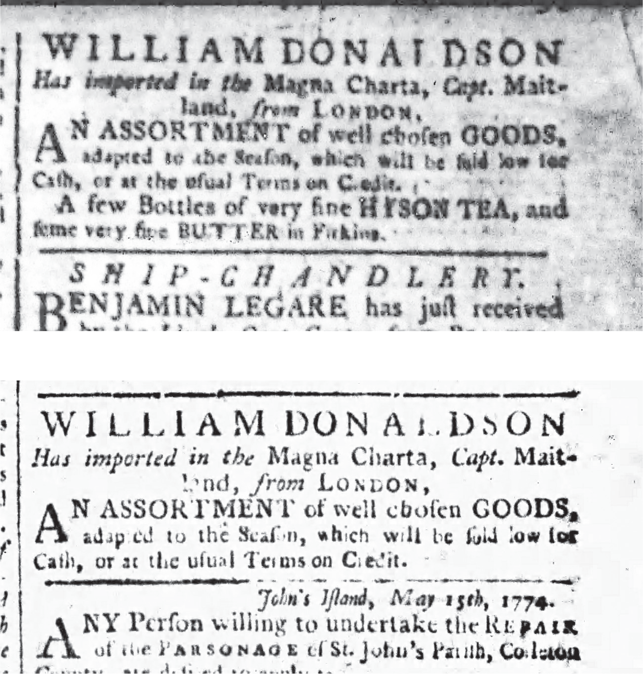 Two similar Donaldson ads, one with tea imported on the Magna Charta, the other without.