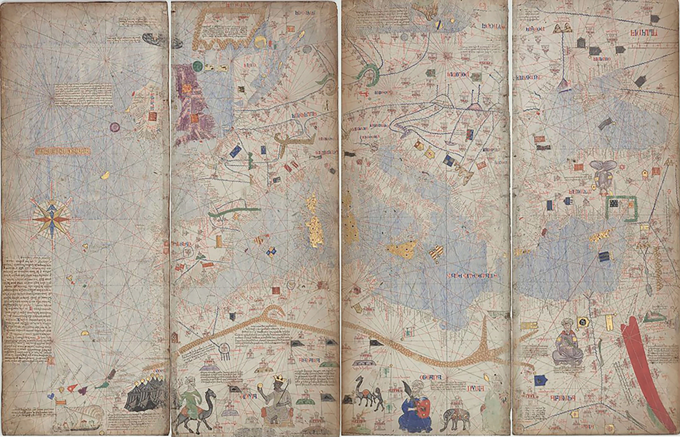 Figure 9. Four rectangular vertical panels. The western half of the Catalan Atlas showing the western coast of Europe to the Black Sea, the Holy Land, and the Red Sea. There is text copied throughout; a boat off the coast of Africa; tents, a camel with a rider, seated rulers, and an elephant in Africa; blue lines represent rivers, thick brown lines are for mountains, and flags and buildings indicate cities and kingdoms.