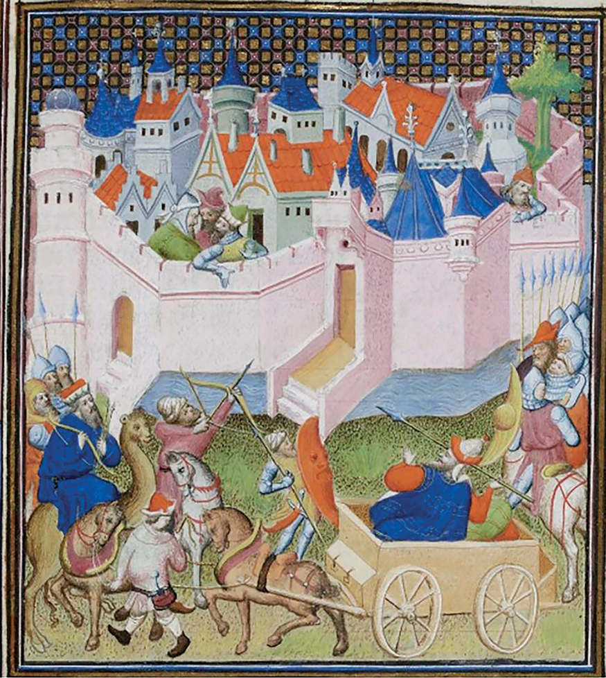 Figure 18. In the foreground are armored soldiers on horseback with spears, an archer on foot, and an archer mounted on a camel. In a cart pulled by a horse, a man (Tamerlane) prepares to throw a spear toward the city in the background. Four men on the city walls look toward the army. Behind the walls is a compact cluster of buildings with red and blue roofs.