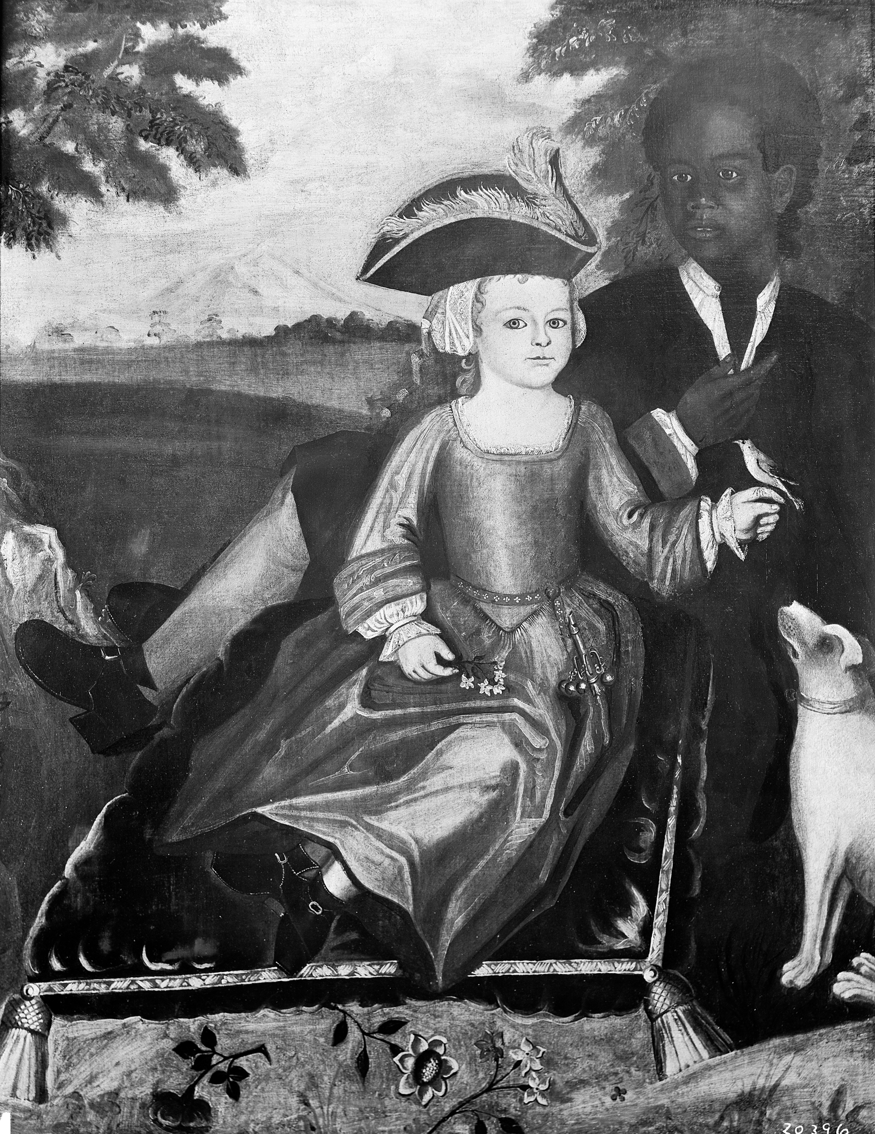 A painting of a white child. He is seated and a bird sits on his left hand. A dog sits on the floor next to the child. Both animals look at him. Behind him a black boy is sitting or standing. A mountain is visible in the background.