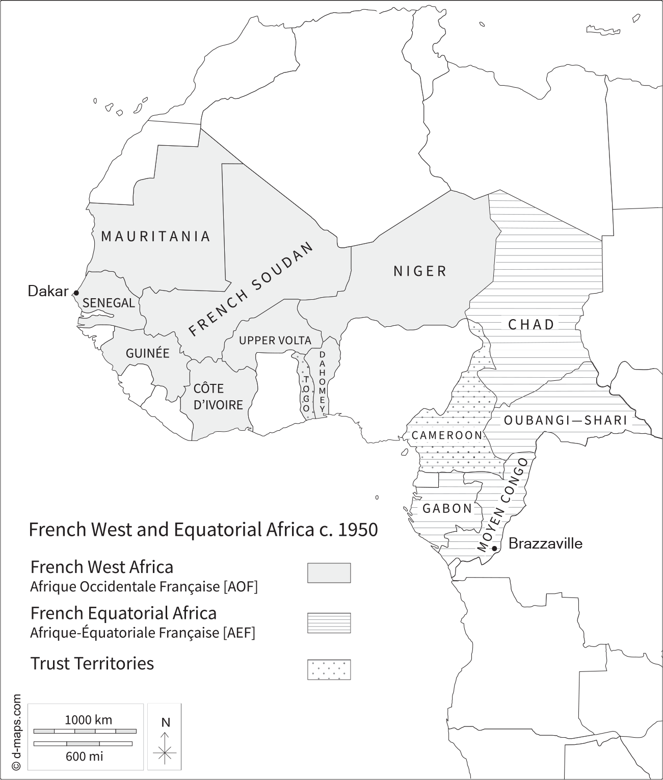 A map of West Africa with shaded regions in dark gray for French West Africa, horizontal lines for French Equatorial Africa, and dot patterns for Trust Territories.