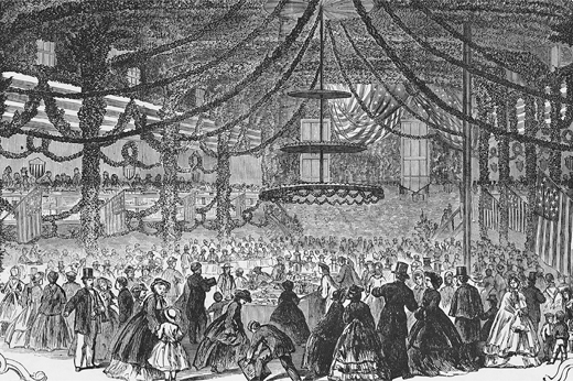 Figure 3.5. A magazine illustration of Brooklyn’s 1864 Sanitary Fair depicts a large hall packed with well-dressed people and festooned with American flags and other decorations.