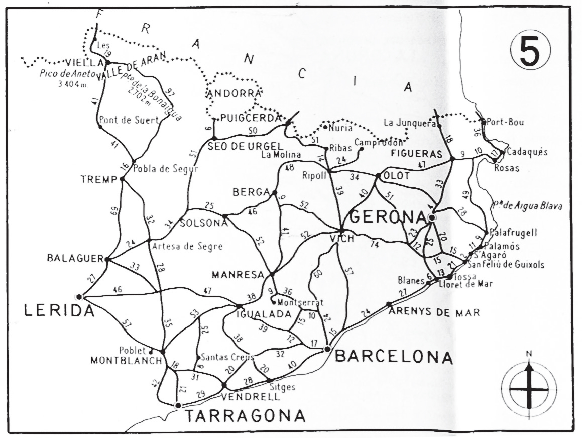 A map of Costa Brava in Spain with major roadways indicated as black lines and the number of miles listed above the lines in between locations.