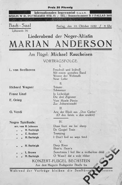 A sheet of paper with text announcing the concert of Marian Anderson.
