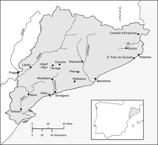 Map depicting Catalonia and its major towns in the early fourteenth century, with inset map showing Catalonia's location in Iberia and the western Mediterranean.