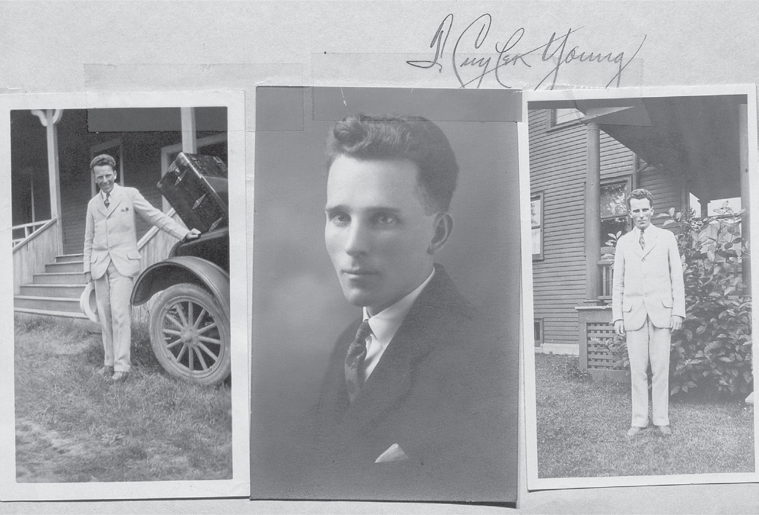 Three images of Cuyler Young in the 1920s. One is a headshot and another is of him standing straight and stern in a white suit. Most interesting is the photograph of a smiling Cuyler, leaning against an automobile, suitcase sticking out of the trunk, ready for travel. His signature is above the pictures.