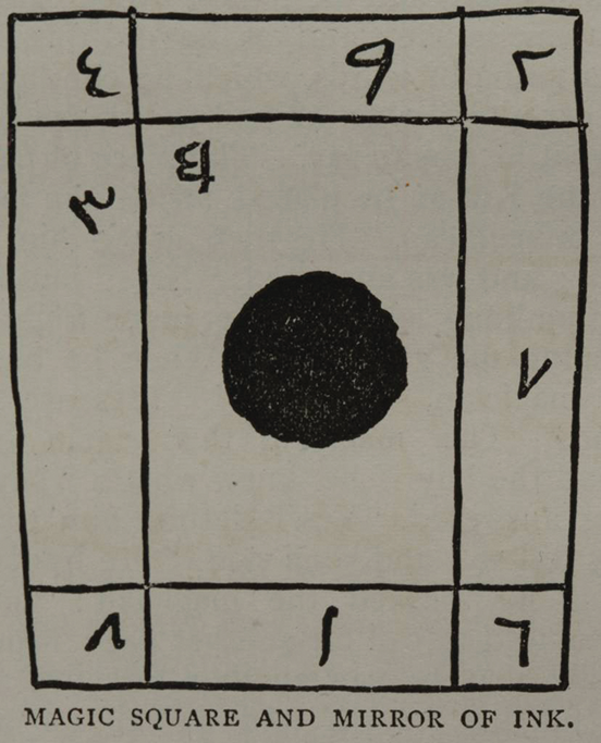 Figure 2.2. A round black ink blotch in the middle of a rectangular diagram with nine compartments, each of unequal shape. Each compartment has a number written in Arabic. The drawing is labeled “Magic Square and Mirror of Ink.”