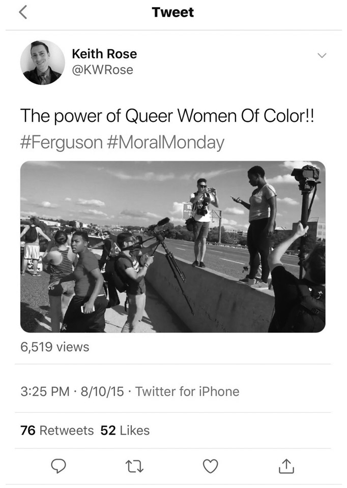 FIGURE 6.4 Brittany Farrell in the midst of leading a highway shutdown on August 10, 2015. Alexis Templeton, also leading, is in the foreground. Posted on Twitter by Keith Rose. Reproduced by permission of Keith Rose.