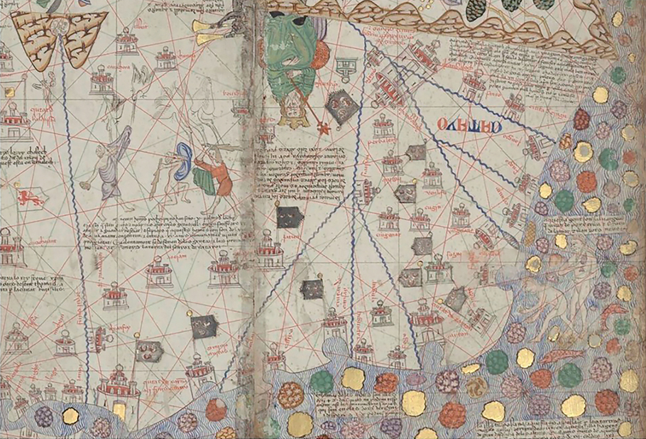 Figure 12. Detail of the Catalan Atlas showing the Yuan Empire (labeled Catayo). Many cylinders with towers and flagpoles rising from them represent cities, wavy blue lines represent rivers, three men with clubs fight cranes that attack from the sky, and a seated and crowned figure represents Kublai Khan. Small circles of gold, red, purple, and green off the coast represent islands.