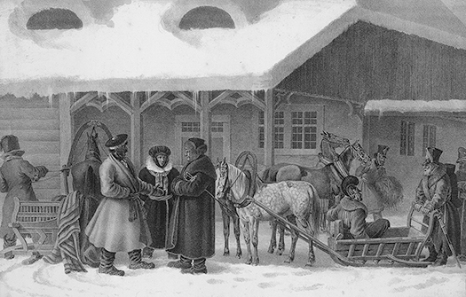 Figure I.1. Soldiers from Napoleon's army, wearing warm clothing, standing in the snow outside of an inn, along with their sledges and draft animals.