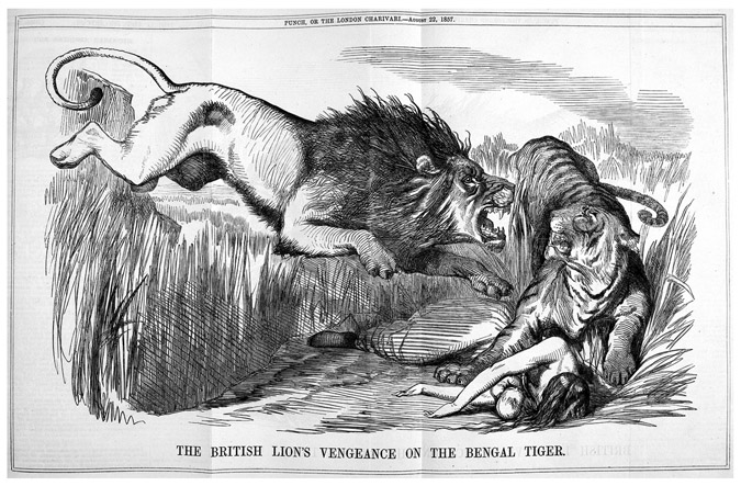 FIGURE 2.4 / “The British Lion’s Vengeance on the Bengal Tiger” by Sir John Tenniel, Punch vols. 32–33, August 22, 1857, 76–77. Courtesy of NYU Special Collections.