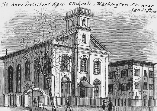 Figure 1.5. A church rises impressively above a sidewalk. One person walks by while two others engage in conversation in a scene that conveys urbanity rather than rusticity.