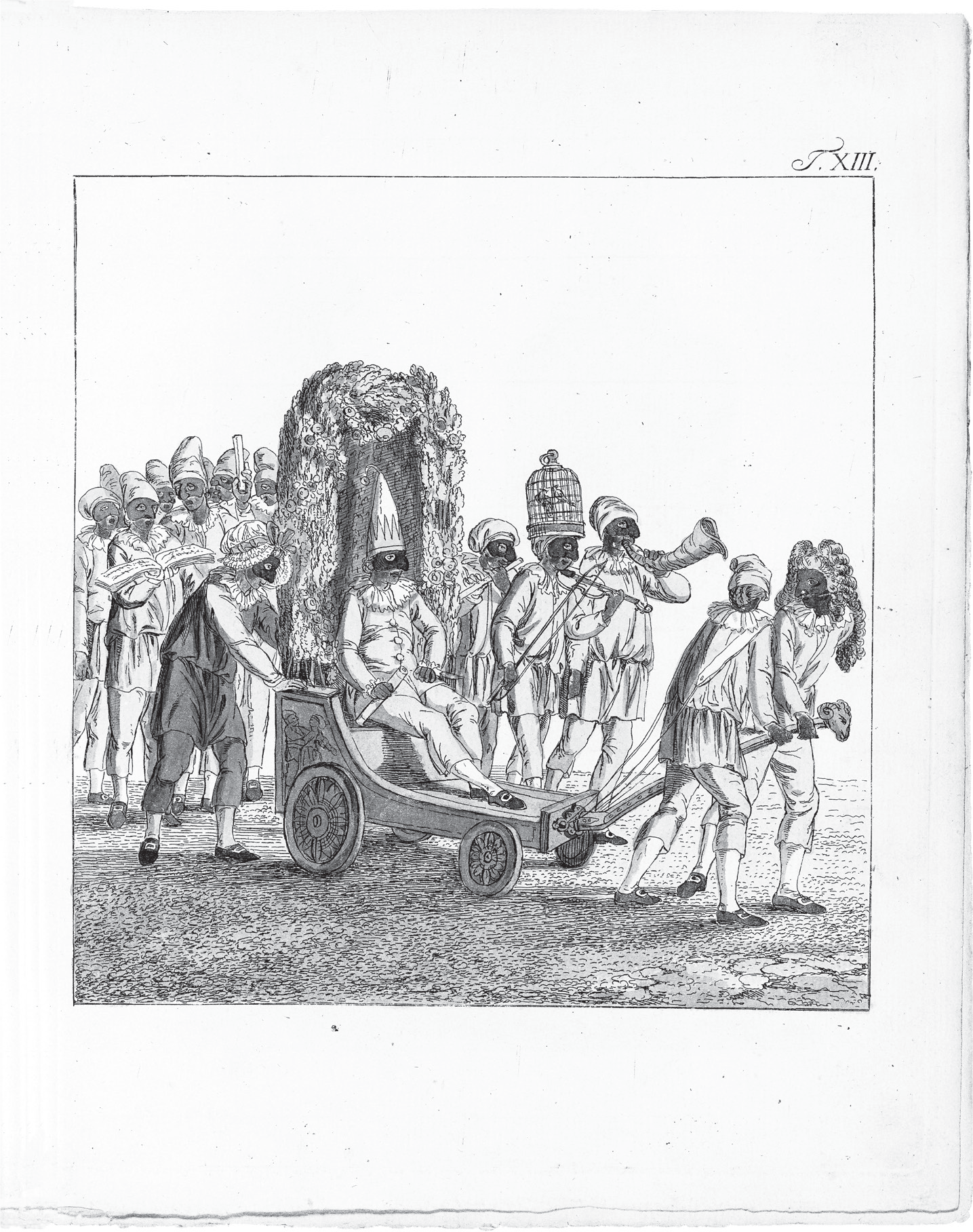 Figure 2.2. A large number of figures dressed as Pulcinella pulling and following a central figure in a small wheeled cart.