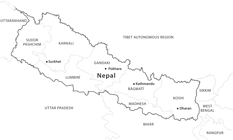 Figure I.1. A map of Nepal showing the four recruitment centers in that country.